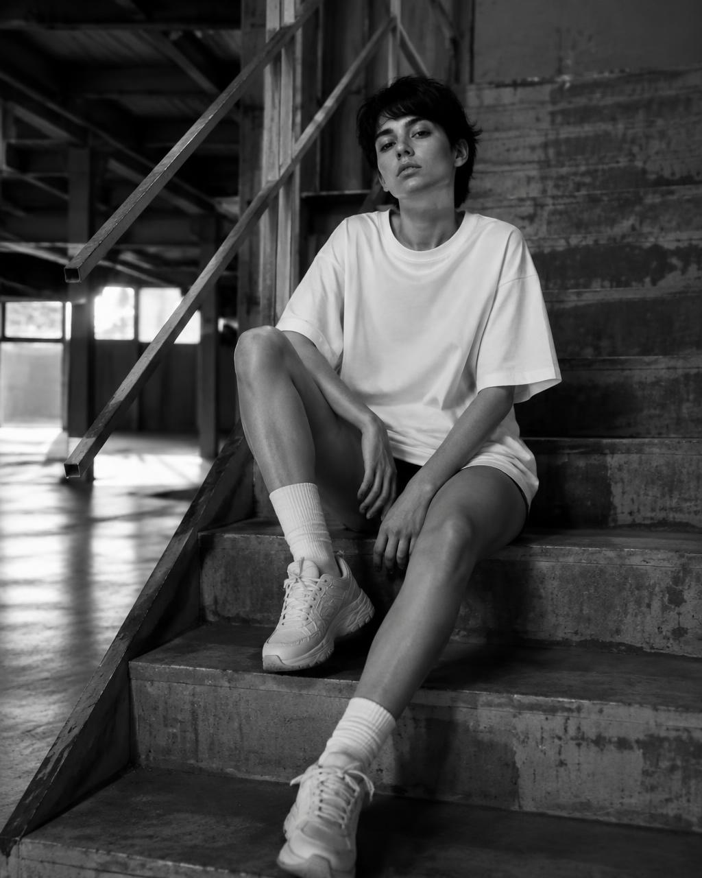 Modelo con remera oversize blanca en escalera industrial
